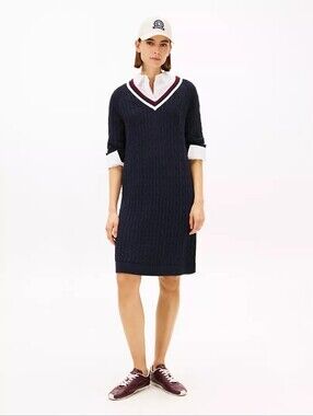 Tommy Hilfiger Navy Cable Knit V-Neck Sweater Dress with White and Burgundy Trim